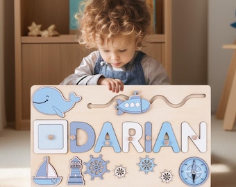 Personalized Baby Name Puzzle, Montessori Wooden Toy, Early Learning Puzzle, Custom Busy Board, Baby Christmas Gift Toy, First Birthday Gift