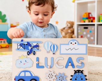 Custom Baby Name Puzzle, Personalized Busy Board, Wood Room Decor, Birthday Gift for Kids, 1 year old Gift, Educational Toddler Toy Gift