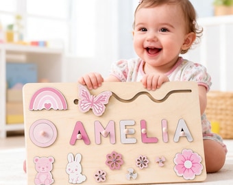 Custom Baby Girl Name Puzzle, Wooden Montessori Toys, Christmas Gifts for Toddlers, 1 year old gifts, Personalized 1st Girl birthday gifts