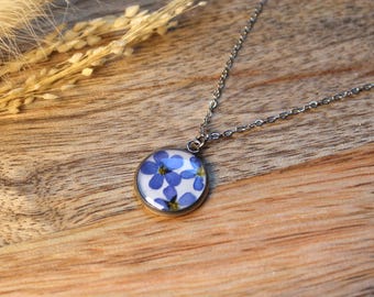Necklace, pressed flower forget-me-not petal pendant chain, dried flowers floral necklace handmade gift Mother&#39;s Day blue