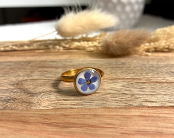 Ring with forget-me-not stainless steel unique piece resin pressed flowers - blue - gift girlfriend, Mother&#39;s Day, bridal bouquet, adjustable size