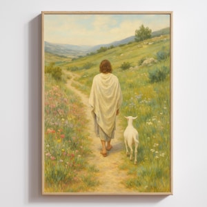 Good Shepherd Jesus Print, Vintage Christian Printable Wall Art, Cottagecore Church Decor, Lamb of God Painting, Jesus Leaving The 99