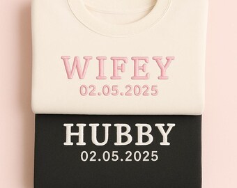Embroidered Hubby & Wifey Sweatshirt Set | Personalized Date Jumpers