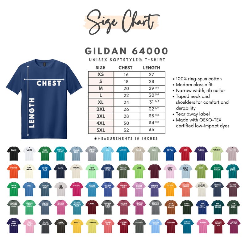May include: A Gildan 64000 unisex softstyle t-shirt size chart with a blue t-shirt graphic, a table listing sizes XS to 5XL with chest and length measurements in inches, and a grid displaying numerous t-shirt color options with labels.