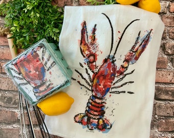 Watercolor Crawfish Flour Sack towel, Crawfish Towel, Cajun Flour Sack towel