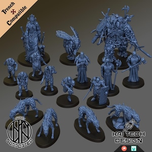 Può includere: Una collezione di miniature fantasy blu, tra cui guerrieri, mostri e creature, su basi circolari nere. Le figure variano per dimensioni e posa, alcune con armi. L'immagine include il testo "Trench Compatible" e "Kai Tech Design".