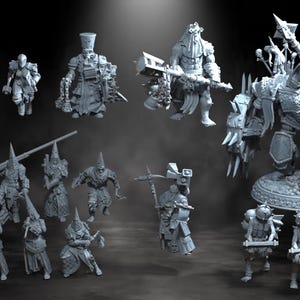 Peut inclure: Collection de figurines miniatures grises représentant divers personnages fantastiques. Les figurines comprennent des guerriers en armure, des personnages encapuchonnés et des personnages maniant des armes. Les miniatures sont détaillées et semblent être faites d'un matériau dur.