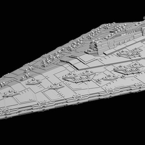 Könnte beinhalten: Graues, detailliertes Modell eines Star Destroyer-Raumschiffs mit dreieckiger Form und zahlreichen Oberflächendetails. Das Modell ist vor einem schwarzen Hintergrund platziert, der sein kompliziertes Design und seine Gesamtform hervorhebt.