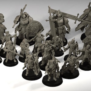 Peut inclure: Ensemble de figurines miniatures grises représentant des guerriers et des soldats en armure, chacune sur une base noire. Les figurines varient en taille et en pose, certaines tenant des armes comme des épées et des fusils. Le thème suggère un cadre fantastique ou historique.