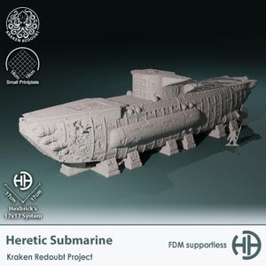 Könnte beinhalten: Ein detailliertes, hellgraues Modell des "Heretic Submarine" aus dem Kraken Redoubt Project. Das Modell weist komplizierte Oberflächendetails auf und ist für das Hexbrick's 17x17 System konzipiert. Die kleine Druckplatte ist 18 cm x 18 cm groß.