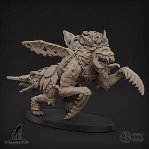 May include: A detailed, 3D-printed figurine of a monstrous creature with bat-like wings, sharp claws, and a snarling expression. The figure is in a crouching pose, with armor and chains. The base is oval-shaped. The text "Presupported!" is visible.