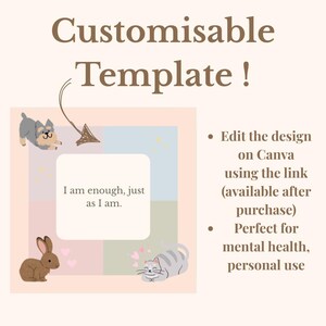 Bearbeitbare Canva Affirmationskartenvorlage - Pastell-Self-Care druckbar - Süßtier-Zitate über psychische Gesundheit - Digitaler Download