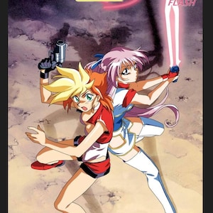 May include: Anime artwork featuring two female characters from "Dirty Pair Flash." One holds a gun, the other a glowing sword. The title is in gold lettering with a pink heart. The characters wear red, white, and blue outfits.