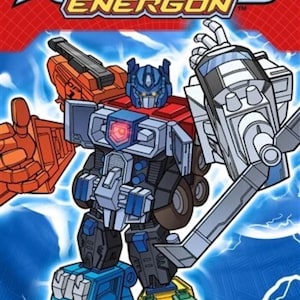 Op de afbeelding: Transformers Energon: The Complete Series dvd-hoes. De afbeelding toont een gedetailleerde illustratie van een Transformer-robot in blauw, rood, oranje en grijs tegen een blauw-witte achtergrond. De titel en serie-informatie staan bovenaan en onderaan.