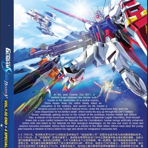 K&ouml;nnte beinhalten: Gundam Seed Destiny Vol. 1-50 Ende + 4 Specials DVD-Cover. Detaillierte Illustration eines Gundam-Mobile Suits in dynamischer Pose, mit anderen Mechas und Text. Der Hintergrund ist ein blauer Himmel.