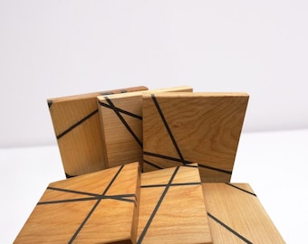 Yellow Birch Wood Coasters with Black Epoxy Resin, Square Coaster Set