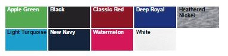 May include: Swatch card displaying 10 different fabric colours: Apple Green, Black, Classic Red, Deep Royal, Heathered Nickel, Light Turquoise, New Navy, Watermelon, White.
