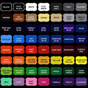 May include: A color chart of glossy vinyl options, featuring a wide array of colors. The chart includes shades like black, white, grey, brown, blue, orange, red, yellow, green, pink, purple, and more. The text "Glossy Vinyl" is at the top.