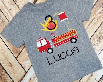 Firefighter Birthday Tee Shirt with custom name age Firetruck hose dalmatian First Second Third Fourth Birthday Party police community