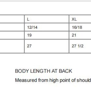 Op de afbeelding: Maattabel voor kleding met metingen in inches. De tabel toont de borst- en ruglengtemetingen voor maten XS tot 4XL.