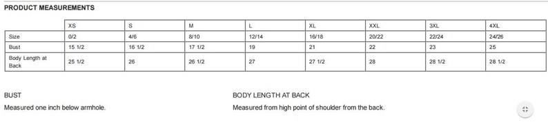Op de afbeelding: Maattabel voor kleding met metingen in inches. De tabel toont de borst- en ruglengtemetingen voor maten XS tot 4XL.