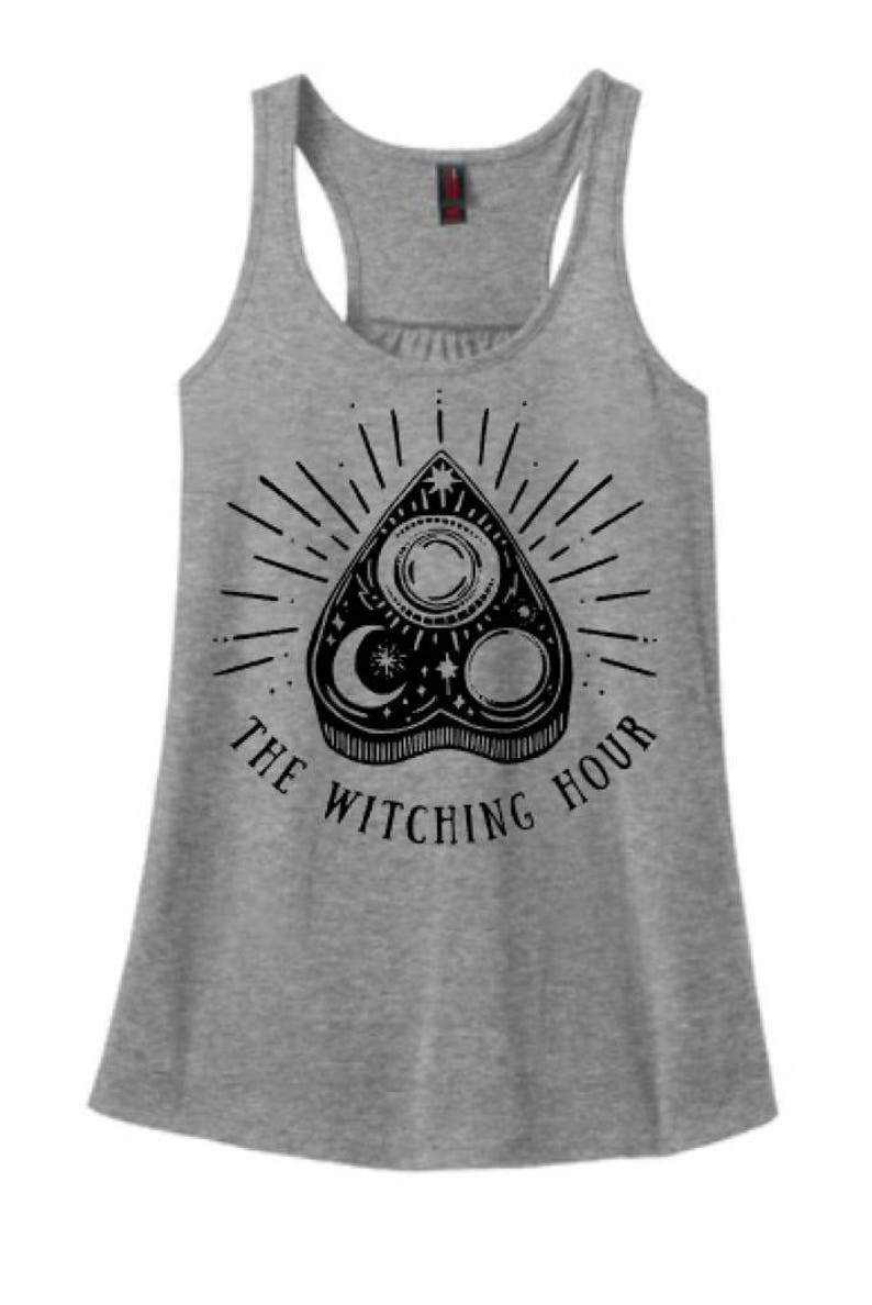 May include: Gray tank top with a black graphic of a Ouija board planchette with the text "The Witching Hour".