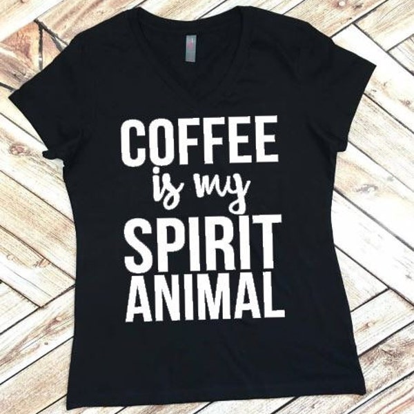 Coffee is my Spirit Animal V-neck mom Babywearing ladies Tee Racer Back Tank Top Shirt Work Out Yoga Burn Out Custom Colors, Plus Size