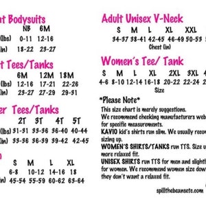 Op de afbeelding: Maattabel voor baby-, peuter-, jeugd-, dames- en unisex shirts en tanks. De tabel bevat maten, gewicht, lengte, hoogte en borstomvang in inches en ponden. De tabel bevat ook een opmerking over het op maat bestellen van dames shirts en tanks en het bestellen van een maat kleiner voor unisex shirts voor dames.