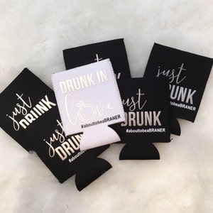 Wedding Party Just Drunk matching Can Coolers Mint Coral Gold Custom Colors Bachelorette Bridal Party Nautical drunk in love # hashtag