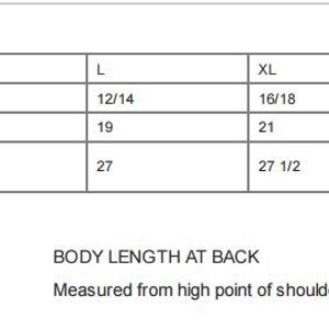 May include: Size chart for clothing with measurements in inches. The chart shows bust and body length at back measurements for sizes XS to 4XL.