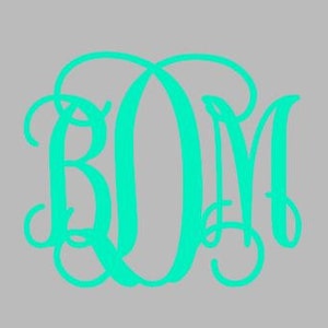 May include: A turquoise blue monogram with the letters "BOM" in a cursive font.