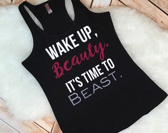 Workout Tee Wake Up Beauty It&#39;s Time to Beast Racer Back Tank Top Shirt Work Out Yoga Burn Out Custom Colors, Plus Size Glitter