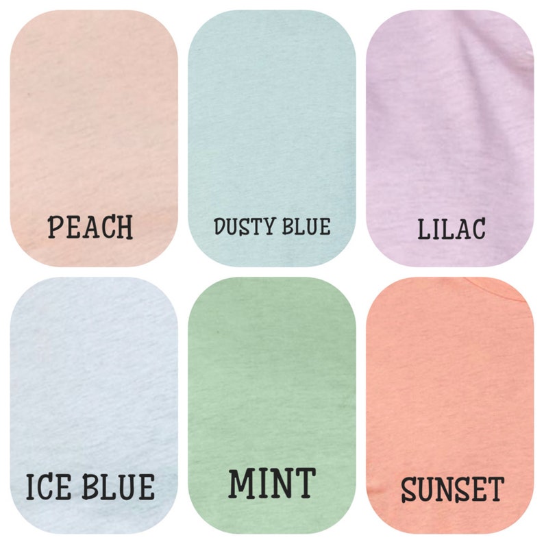 May include: Six color swatches showing different shades of peach, dusty blue, lilac, ice blue, mint, and sunset.