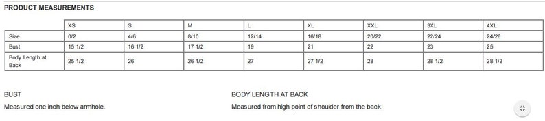 Puede incluir: Tabla de tallas para ropa con medidas en pulgadas. La tabla muestra las medidas de busto y longitud del cuerpo en la espalda para las tallas XS a 4XL.