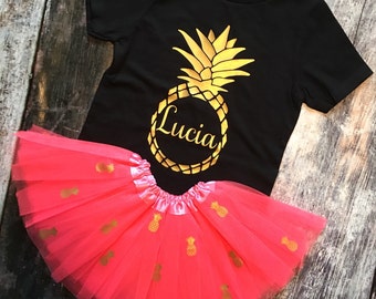 Pineapple Hot Pink and Gold 1st 2nd 3rd Birthday Party Glitter matching Personalized Custom bodysuit tutu skirt set birthday outfit glitter