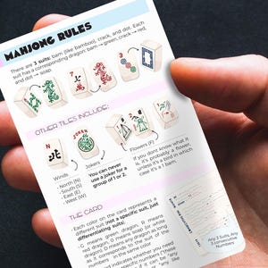 Mahjong rules card PDF with colorful illustrations of tiles. Perfect for beginners or enthusiasts to learn or teach the game. Instant digital download, easy to print and use for quick reference.