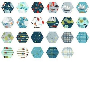 May include: A set of 18 hexagon-shaped fabric scraps with various patterns, including boats, stars, trees, and oars. The fabric scraps are in shades of blue, green, and white.