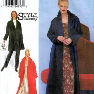 May include: A sewing pattern labelled "STYLE made easy", featuring illustrations of women in long coats. The coats are shown in black and red. The size range is XS-XL, with European sizes 32/34-48/50.