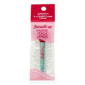 May include: A pack of 6 green Sewline fabric pencil leads, 0.9 mm in diameter. The pack is labelled "GREEN 6 x Ceramic Leads 0.9mm Sewline FABRIC PENCIL LEADS EASY FILL"