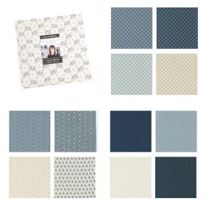 May include: A Moda Fabrics fat quarter bundle featuring 12 different fabric prints. The prints are a mix of blue, white, and beige with various patterns including polka dots, stripes, and floral designs. The bundle is titled "Vintage Chic" by Vanessa Christensen.