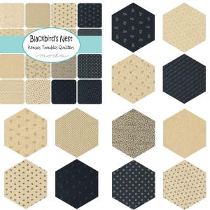 May include: A selection of fabric squares and hexagonal pieces in cream, navy, and tan. The fabric features floral, dotted, and striped patterns. The text "Blackbird's Nest Kansas Troubles Quilters moda" is displayed on a teal background.