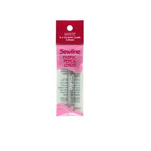 May include: A pack of 6 white Sewline Fabric Pencil Leads, 0.9mm in diameter. The pack is pink and white with the brand name Sewline and the text "Fabric Pencil Leads" printed on it.