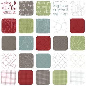 May include: A digital collage of 16 different patterns and textures. The patterns include geometric shapes, lines, and swirls. The colours are red, green, blue, grey, and white.