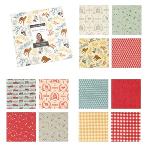 May include: A collection of 12 fabric squares featuring various farm-themed patterns. The patterns include red trucks, farm animals, a barn, and a honeycomb design. The fabrics are in shades of red, blue, green, and yellow.