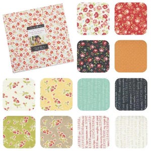 May include: Moda Fresh Fig Treasures fabric collection featuring 12 different 5-inch squares. The fabrics include a variety of patterns with floral designs, numbers, and text. The fabrics are in shades of red, white, yellow, green, brown, orange, and blue.