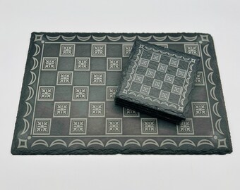 Slate Charcuterie Board and Coaster Set - One Board, Four Matching 4" Square Drink Coasters in Checkerboard Pattern