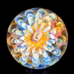 Könnte beinhalten: Eine farbenfrohe Glasmurmel mit floralem Design. Die Mitte ist leuchtend gelb, umgeben von Blütenblättern in Weiß-, Blau- und Orangetönen. Die Murmel ist rund und vor einem schwarzen Hintergrund platziert.