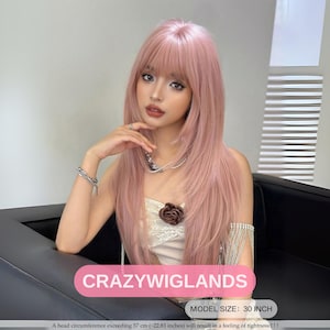 30 Inch Long Straight Pink Wig With Bangs – Heat Resistant Synthetic Fiber Wig For Women & Girls, Woman Pink Wigs, Halloween Wigs