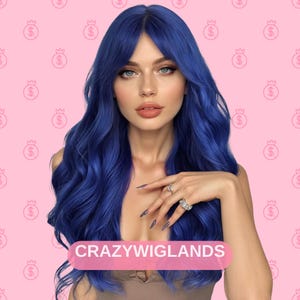 Blue Synthetic Wig, Wavy Wig, Heat-Resistant Wig, Long Wavy Hair, Bangs Wig for Women, Body Wave Hair, Cosplay Wig, Wavy Wigs, Wig for Women