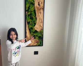 Custom Order Moss Wall Art, Made to Order Preserved Moss Hanging, Preserved Moss and Olive Wood Wall Decor for Living Room, Olive Wood Art